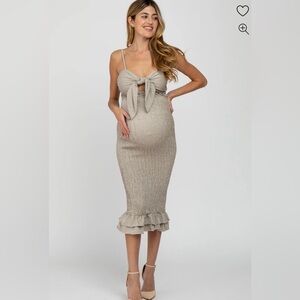 PinkBlush Maternity Chic Tan Maternity Dress with Bow Detail